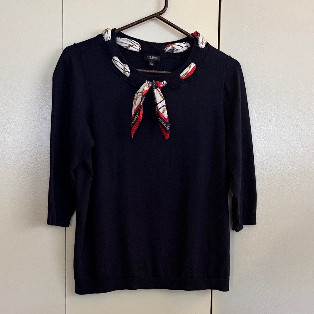 Talbots Navy Knit Top with Attached Patterned Scarf
